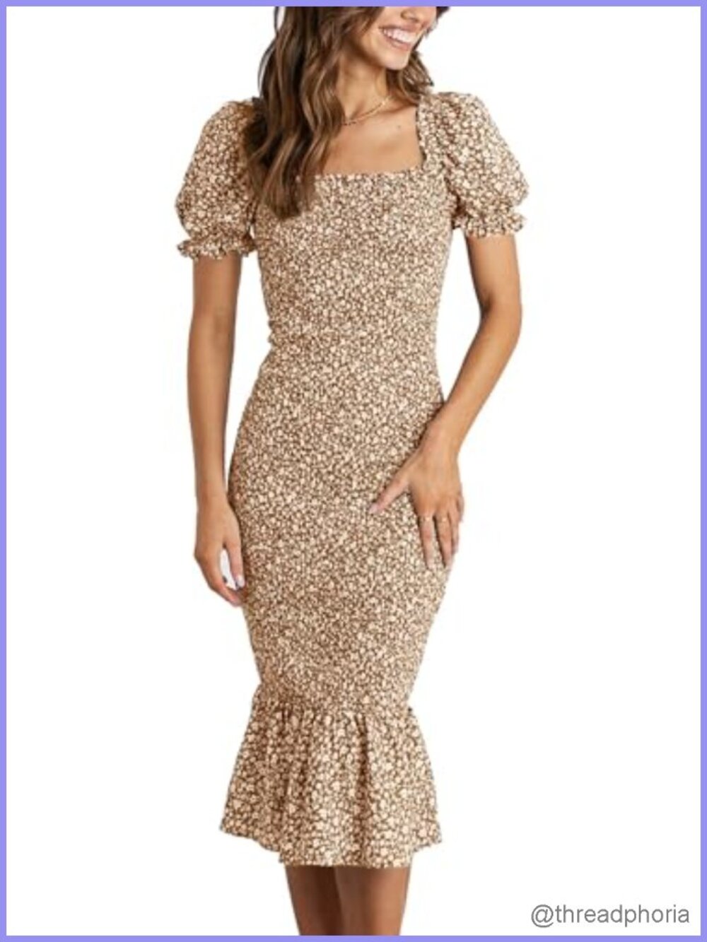 Floral Midi Bodycon Maternity Dress Square Neck Puff Sleeve Mermaid Ruffle Hem